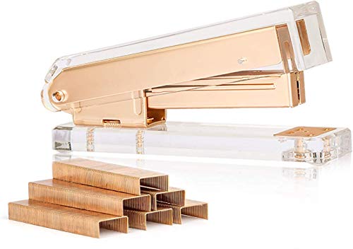 Sirmedal Grapadora de mesa de acrílico transparente con 1000 grapas para accesorios de oficina, color dorado mate
