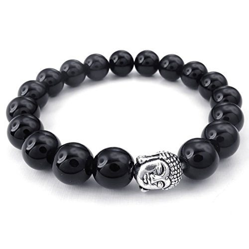 SODIAL(R) Pulsera Pulsera de Hombres Mujeres de joyeria, Ancho de 10 mm, Rosario de oracion Perlas de Estatua de Buda, aleacion de Agata Negro, Plata Negro