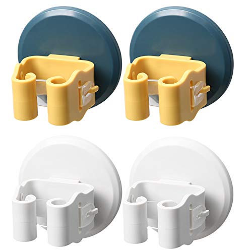 Soporte de Escobas y fregonas, 4PCS Colgador Escoba y Fregona Pared, Colgador de Escobas, Soport de Fregonas Autoadhesivo, Colgador de Escobas Organizador para Cocina, Baño, Garaje (Blanco+Amarillo）