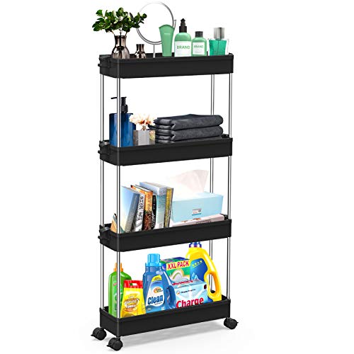 SPACEKEEPER Carro de Almacenamiento de 4 Niveles, Delgado, móvil, estantería, Carro Deslizante, Multiusos, para Cocina, Dormitorio, baño, lavadero, Lugares Estrechos, Negro