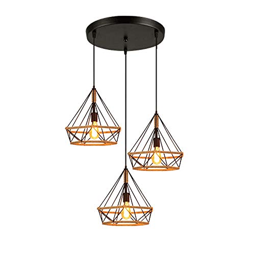 STOEX 3 Luces Lámpara de Techo Colgante Retro Industrial Luz de Araña Diamante Estilo Loft para Cocina Comedor Pasillo Sala de estar, Negro