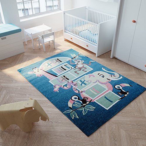 Tapiso Alfombra Infantil Habitación De Niño Salón Moderno – Diseño Rayuela – Animales Elefante – Color Azúl Marinero – Colección Happy 80 x 150 cm