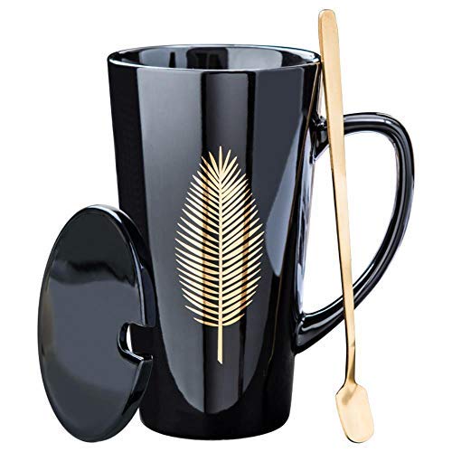 Taza De Café De Cerámica, Elegantes Tazas De Té Con Tapa y Cuchara, Tazas Grandes De Leche De Cerámica Con Asa, Regalos Creativos Para El Hogar y La Oficina Para Amigos y Familiares,500ml