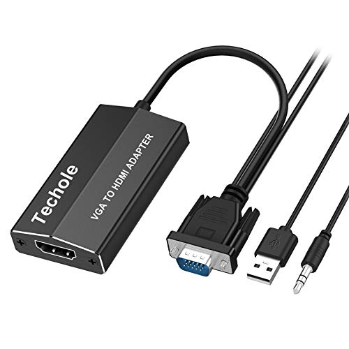 Techole VGA a HDMI, Aluminio VGA a HDMI Adaptador 1080P con Audio, VGA to HDMI Convertidor con Cable de Carga USB para PC, Proyector, Computadora Portátil - VGA Macho a HDMI Hembra