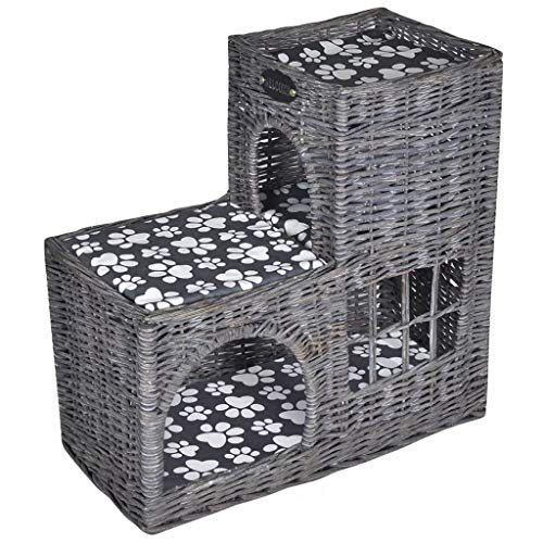 Tidyard Casita/Cama/Rascador de Mimbre para Gato con Cojín de Mimbre 70 x 36 x 50 cm Forma de Castillo Gris