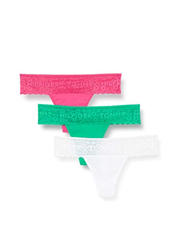 Tommy Hilfiger Pack de 3 Tangas con Cintura de Encaje y Bordes Festoneados, Verde (Emerald/Magenta/White), S para Mujer