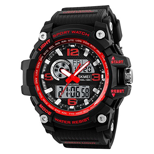 TONSHEN Grande Hombre Digital Reloj Impermeable 50M Resistente al Agua LED Electrónica Tres Tiempo Alarma Plastico Caja y Goma Correa Outdoor Militar Deportivo Relojes de Pulsera (Rojo)