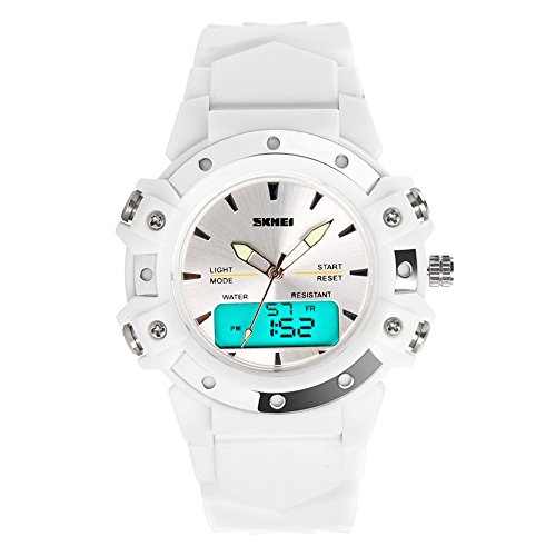 TONSHEN Moda Relojes de Pulsera Mujer Deportivo LED Electrónica Digital Dial Time Militares 12H / 24H Horas 5ATM Resistente al Agua Analógico Cuarzo Calendario Cronómetro (Blanco)