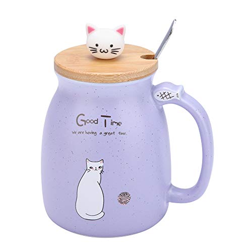 TOPINCN Taza De Cerámica Lovely Cat Solid Con Cuchara Y Tapa De Madera Taza De Leche De Agua Con Café Para Drinkware Regalo Oficina 1Pc(Púrpura)