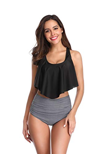 Traje de Baño Mujer Cintura Alta，Sujetador Acolchado Bikini Playa y Piscina (Negro 2, L)