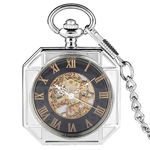 UIEMMY Pocket Watch Hand-Winding Mechanical Sliver Pocket Watch Roman Numerals Dial Pocket Watches Durable Rough Chain Pendant Clock