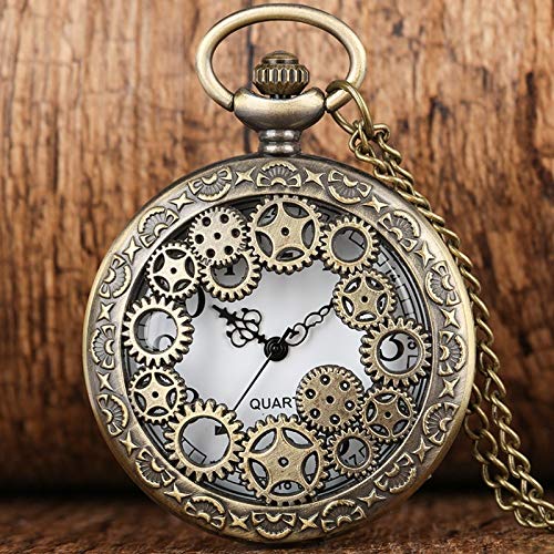 UIEMMY Pocket Watch Retro Antique Copper Steampunk Hollow Bronze Gear Hollow Quartz Pocket Watch Pendant Clock Chain Men's Women's Necklace Watches