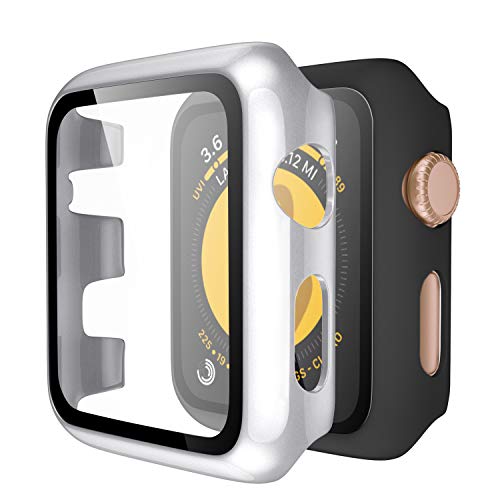 Upeak Compatible con Apple Watch Series 3 42mm Funda con Vidrio Templado, 2 Piezas Caja Protectora para Mujeres Hombres Compatible con iWatch 3, Mate Negro/Brillante Plata