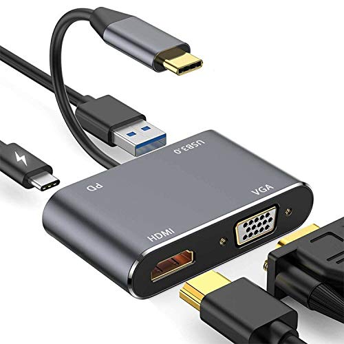 USB C a HDMI y VGA, hub tipo C a VGA HDMI 4K, 1080P VGA, USB 3.0, USB C PD (compatible con Thunderbolt 3) Adaptador multipuerto tipo C para MacBook Pro, Nintendo, Samsung, Plug and Play