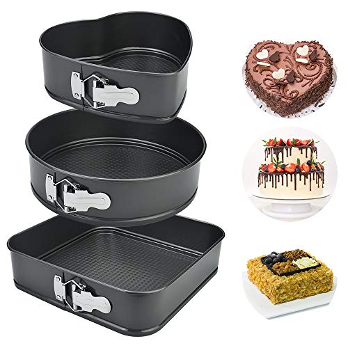 UTRUGAN 3 PCS Moldes para Tartas de Acero al Carbono Moldes Desmontables Redondo, Cuadrado, en Forma de Corazón Molde de Resorte Antiadherente para Boda, Cumpleaños, Fiesta (Negro, 22/24/26 cm)