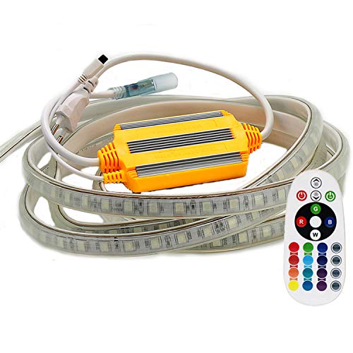 VAWAR 10m Tira LED RGB, Tira dimmable a 220V, Tira de luz cambiante de color 5050 60 LEDs/m, Luz de cuerda impermeable con transformador y telemando IR de 24 botones, DIY Decoración