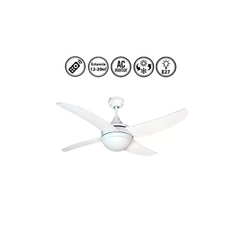 Ventilador de techo Osiris con luz y mando a distancia, acabado blanco y 4 palas color blanco, 117 cm., AkunaDecor