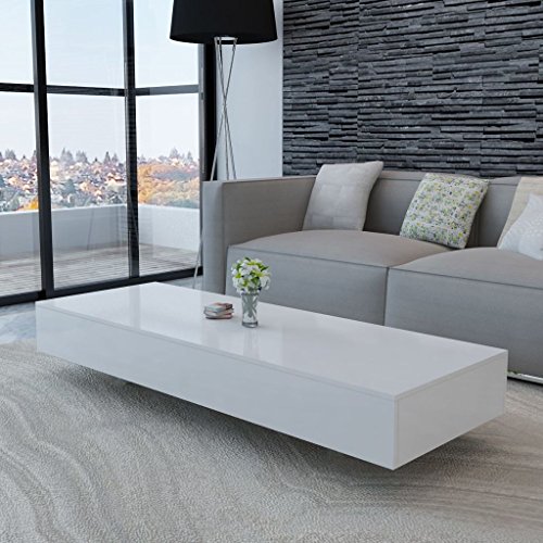 Vislone Rectangular Mesa de Centro Salón Mesa de Café Mesa Auxiliar de Fibra de Vidrio Blanco Brillante 115x55x31cm