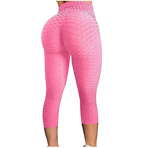 Vobery Leggings Leggings para Mujer,Cintura Alta,3/4 de Longitud,Pantalones de Yoga,Control de Abdomen,Entrenamiento,Capri,Mallas Scrunch para Entrenamiento de Yoga,Correr(Rosa,L)