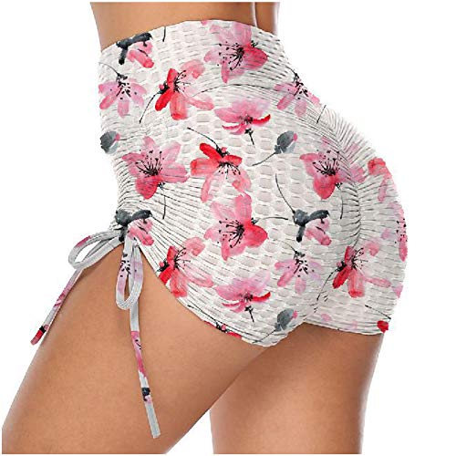 Vobery Pantalones Cortos para Mujer Honeycomb Booty Entrenamiento Sin Costuras Yoga Pantalones Cortos para Correr Cintura Alta Cordón Fruncido Ciclismo Deportes Pantalones