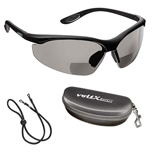 voltX 'CONSTRUCTOR' (AHUMADO/GRIS dioptría +2.0) Gafas de Seguridad de Lectura BIFOCALES que cumplen con la certificación CE EN166F / Gafas para Ciclismo incluye cuerda de seguridad + estuche de seguridad rígido con bisagras - Reading Safety Glasses