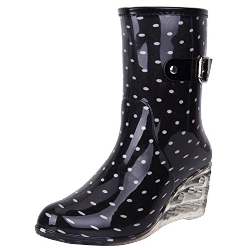 Wealsex Mujer Cuñas Cuatro Estaciones Moda Botas De Lluvia Transparente Zapatos De Agua Cremallera Lateral con Hebilla Antideslizantes Botas Impermeable (Negro y Punto Blanco,37)