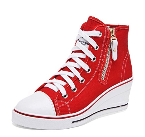 Wealsex Mujer Cuñas Zapatos De Lona Zapatos Casuales Encaje Hebilla Cremallera Lateral Talla Grande (Rojo,35)