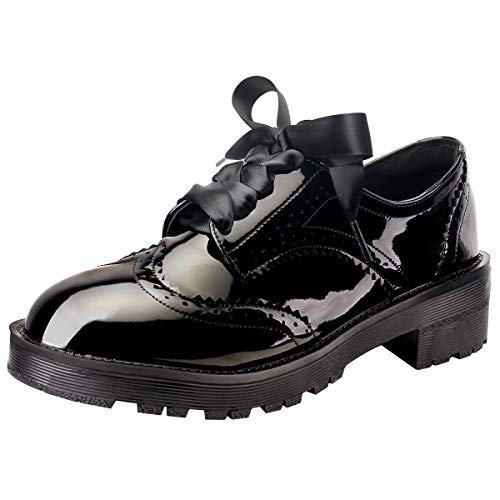 Wealsex Mujeres Leather Oxfords Encaje Vintage Brogue Moda Office Fondo Plano Zapatos (Negro-2, 38)