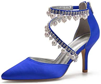 WellingA Tacones Altos para Mujer Satén Cristal Perla Boda Sandalias Nupciales Punta Abierta Cremallera Correa Fiesta Baile Noche Punta Abierta Sexy Fiesta graduación,Azul,40