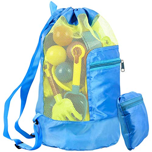 WEONE Bolsa de Malla para Juguetes de Playa, Grande Mochila de Plegable con Cordón para Llevar Juguetes de Playa, Juguetes Bolsas de Almacenamiento para Niños Nadar y Jugar en la Piscina, Azul