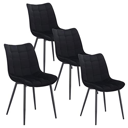 WOLTU Pack de 4 Sillas de Comedor Asiento de Terciopelo Silla Diseño Silla Tapizada Estructura Metálica Sillón con Respaldo Silla de Cocina Negro BH142sz-4