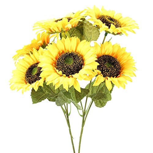 XHXSTORE 2PCS Flores Artificiales Girasoles Amarillo Flor Falsa de Otoño con 7 Tallos de Flores y Hojas para Florero Plantador Ramo de Novia Casa Boda Arreglo floral-65CM