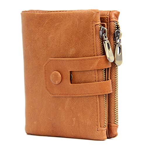 xiaohuozi Piel Genuina Cartera para Hombre Bloqueo de RFID Bifold Billetera con Doble Cremallera y Hebilla 13 Ranuras para Tarjetas Tres Colores Disponibles,Orange