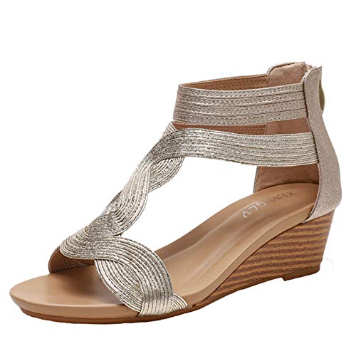 XKDWAN Mujer Wedge Sandalias Plataforma Sandalias Cremallera Trasera Alpargata Punta Abierta Cuña de Verano,Oro,42