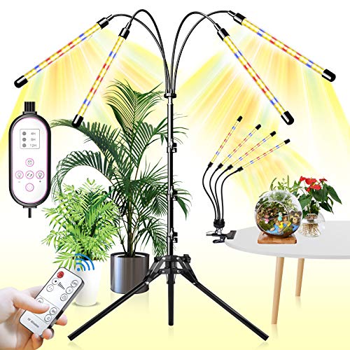 YASBED Lámpara LED para plantas 4 cabezales luz para plantas, con soporte, espectro completo, lámpara para plantas de interior con temporizador, trípode ajustable de 15 a 61 pulgadas