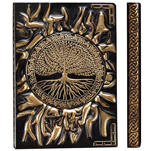 YHH Cuaderno Pequeño A6 Tapa Dura, Libreta Bonitas Cuero, Relieve, 200 páginas, Hojas Blancas & Rayas, Diario de Viaje Vintage Journal Notebook Idea para Mujer Hombre, 3D Arbol de Vida Bronce