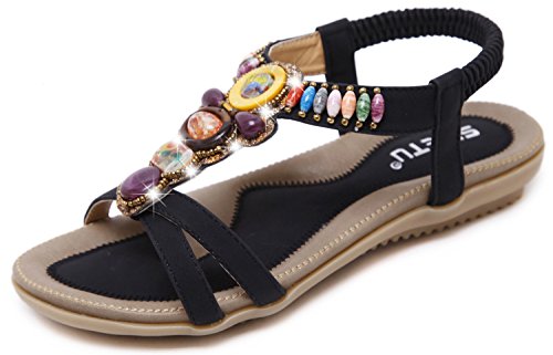 Yooeen Mujer Elegante Sandalias de Vestir Estilo Boho Rhinestone Abalorios Sandalias Planas Cómodo Elástico T-Correas Peep-Dedo Sandalias Talla Grande 35-45