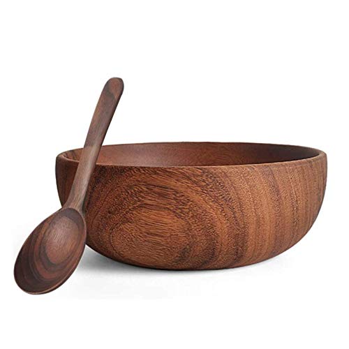 YWYW Ensaladera de Madera de Acacia, Cuenco Grande de Madera de 8.0 in con Cuchara, Cuenco de Madera Hecho a Mano y Juego de Utensilios para Frutas, ensaladas y decoración