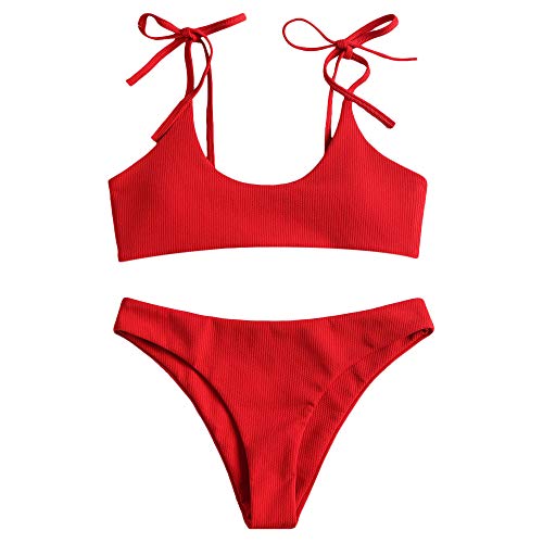 Zaful Bikini de dos piezas para mujer, parte superior acolchada con tirantes ajustables rojo S