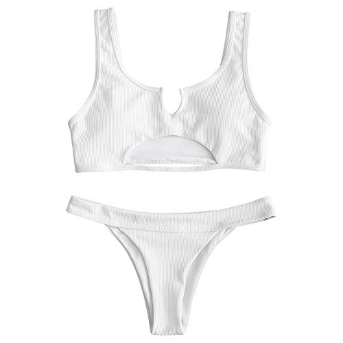 ZAFUL Conjunto de bikini de dos piezas, parte superior de bikini Bralette Wrap, chaleco hueco, cintura alta, parte inferior para mujer Blanco L