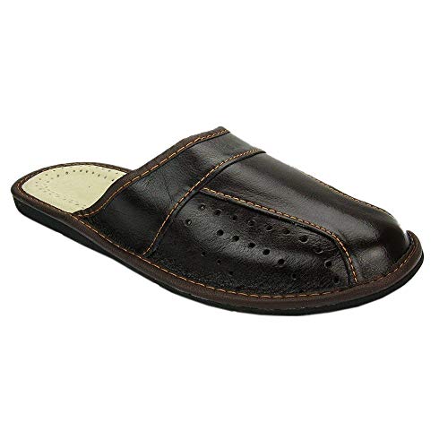 Zapatillas de casa Para Hombres 100% Cuero Genuino | Dedos cubiertos| cuero de grano | Ligera y Suave | Tamaños 40-46 EU Modelo XC15 (44, Marrón)