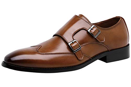 Zapatos Clásicos Monk Hombre de Cuero Elegantes Doble Hebilla Sin Cordones Mocasines Marrón 41 EU