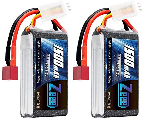 Zeee 2S - Batería de polímero de litio (7,4 V, 60 C, 1500 mAh, con conector JST, para aviones con mando a distancia, 2 unidades)