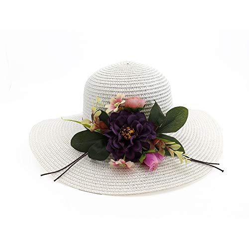 ZHU-ZHI-B-MZ, - Sombrero de Paja con diseño de Flores Grandes en 3D, Estilo Informal, con ala Ancha, para Verano, Playa, Panamá, Paja, Blanco, 56-58CM