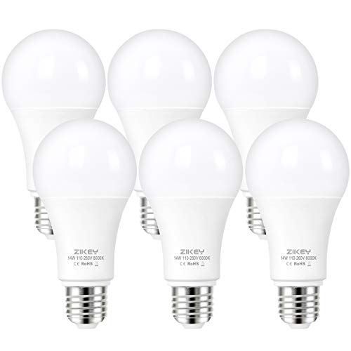 ZIKEY Bombilla LED E27, 14W equivalentes a 110W, Blanca Fría 6000k, 1200 lúmenes, No regulable - Paquete de 6