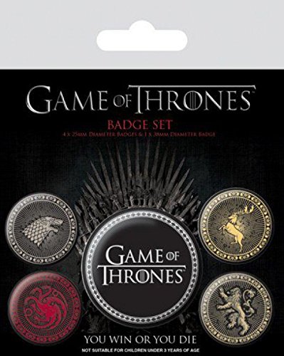 1art1 Juego De Tronos - Casa Lannister, Stark, Baratheon, Targaryen, 1 X 38mm & 4 X 25mm Chapas Set De Chapas (15 x 10cm)