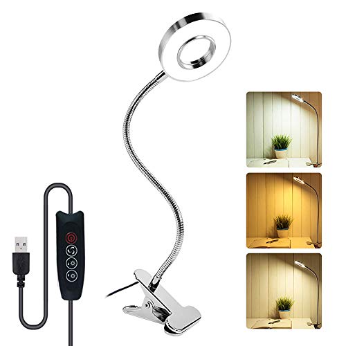 7W Lámpara de Lectura USB con Pinza, 3 Modos de Luz y 10 Brillo Ajustable, 360° Flexible, Luz de Noche para Niños Regulable, Lámpara de Tatuaje Flexible con Clip, Luz de Escritorio, Plata