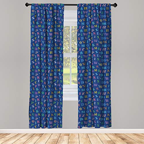 ABAKUHAUS Alfabeto Juego de 2 Paños Cortinas, Inglés Rayado ABC Disposición, Tratamiento de Ventana para Habitación y Dormitorio, 150 cm x 245 cm, Cielo Azul Oscuro Multicolor