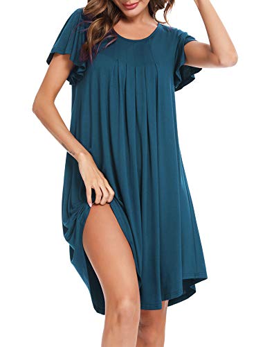 Aibrou Camisón Mujer, Camisones para Mujer Verano Camison de Algodon Modal Camisón para Mangas Cortas con Volantes, Camison Dobladillo Irregular Pijama Vestido per Hogar Casual Azul Cobalto L