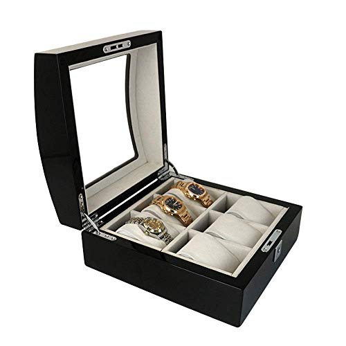 AJH Caja de Almacenamiento de Relojes para Hombres Caja de joyería de Reloj de 6 Ranuras Caja de presentación Piano Pintura Cubierta Superior de Vidrio Flip con Cerradura Negro para ho